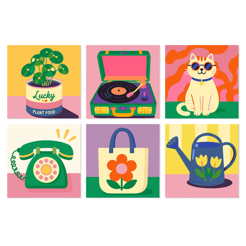 Portable Mini Paint by Numbers Set (6 in) For Kids with cat, record player, plant pot, vintage telephone, flower tote bag and watering can lifestyle designs