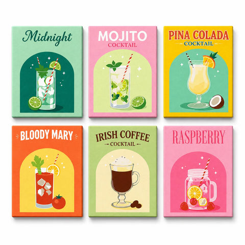 Colorful Cocktail Drinks Portable Mini Paint by Numbers Set (6 in) For Beginners featuring Mojito, Pina Colada, Bloody Mary, Irish Coffee and fruit drink poster designs