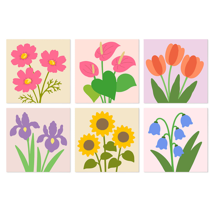 Portable Mini Paint by Numbers Set (6 in) For Kids with cosmos, anthurium, tulip, iris, sunflower and blue bell flower designs
