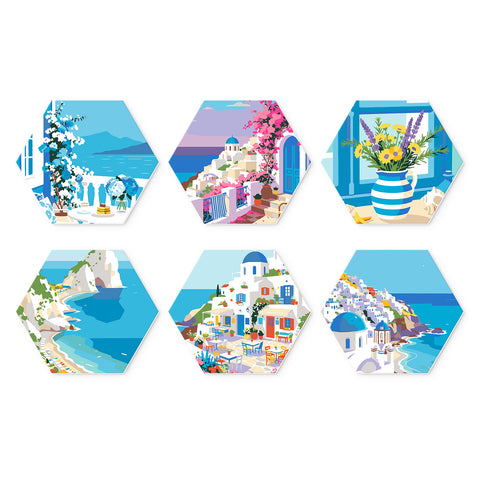 Portable Mini Paint by Numbers Set (6 in) For Kids with Mediterranean coastal village, ocean view, seaside flowers, cliffs and white house designs