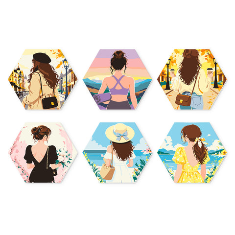 Portable Mini Paint by Numbers Set (6 in) For Beginners with woman travel scenes, coastal views, city streets, flowers and vacation lifestyle designs