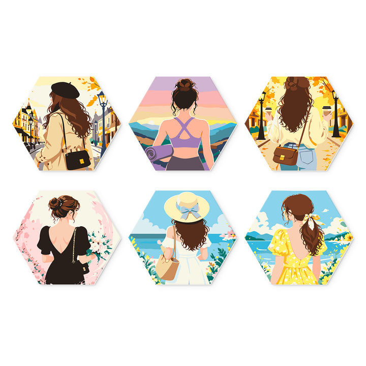 Portable Mini Paint by Numbers Set (6 in) For Beginners with woman travel scenes, coastal views, city streets, flowers and vacation lifestyle designs