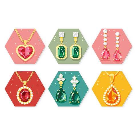 Portable Mini Paint by Numbers Set (6 in) For Beginners with gemstone necklace, diamond earrings, crystal pendant and colorful jewelry designs