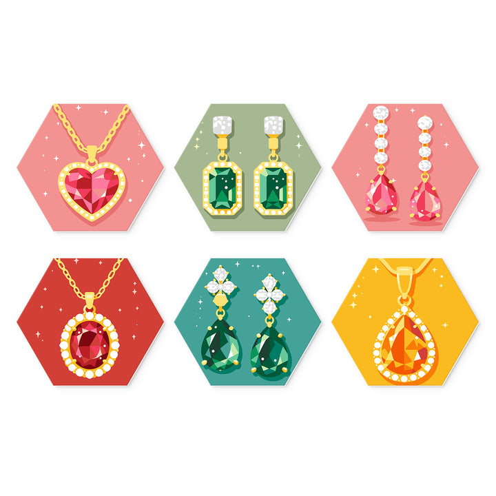 Portable Mini Paint by Numbers Set (6 in) For Beginners with gemstone necklace, diamond earrings, crystal pendant and colorful jewelry designs