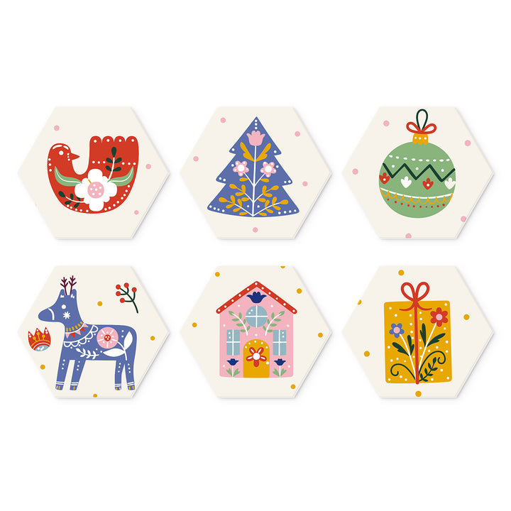 Portable Mini Paint by Numbers Set (6 in) For Kids with Christmas ornaments, tree, gift box, winter horse, holiday house and festive designs