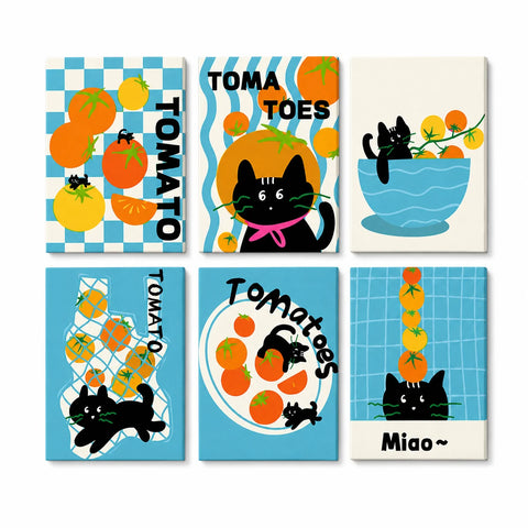 Playful Black Cats and Tomatoes Portable Mini Paint by Numbers Set (6 in) For Kids featuring six colorful cat and tomato designs with blue graphic patterns
