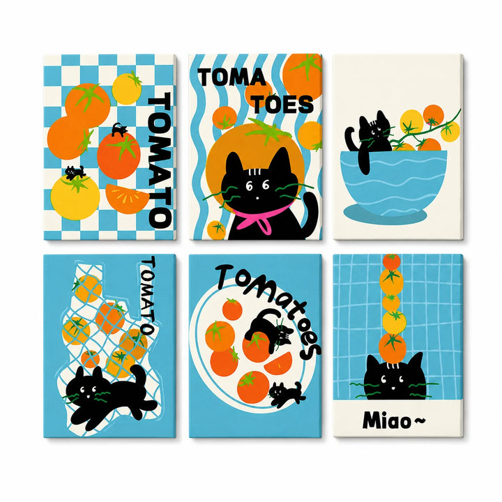 Playful Black Cats and Tomatoes Portable Mini Paint by Numbers Set (6 in) For Kids featuring six colorful cat and tomato designs with blue graphic patterns