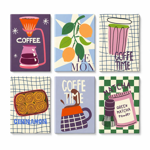 Coffee Matcha and Cinnamon Café Portable Mini Paint by Numbers Set (6 in) For Kids featuring coffee cups, matcha, cinnamon rolls and citrus designs