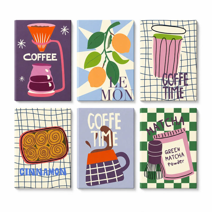 Coffee Matcha and Cinnamon Café Portable Mini Paint by Numbers Set (6 in) For Kids featuring coffee cups, matcha, cinnamon rolls and citrus designs