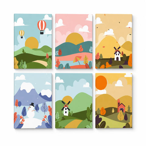 Colorful Countryside Seasons Portable Mini Paint by Numbers Set (6 in) For Kids featuring hot air balloons, windmills, snowy mountains, rolling hills and country houses
