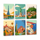 World Landmarks Mini Paint by Numbers Set For Adults featuring Eiffel Tower, Statue of Liberty, European town, Cappadocia balloons, Hagia Sophia and Santorini