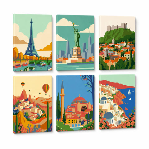 World Landmarks Mini Paint by Numbers Set For Adults featuring Eiffel Tower, Statue of Liberty, European town, Cappadocia balloons, Hagia Sophia and Santorini