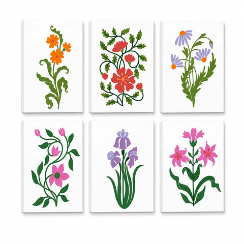 Colorful Wildflowers Mini Paint by Numbers Set For Kids featuring six easy flower designs with orange blossoms, purple daisies, iris and pink flowers