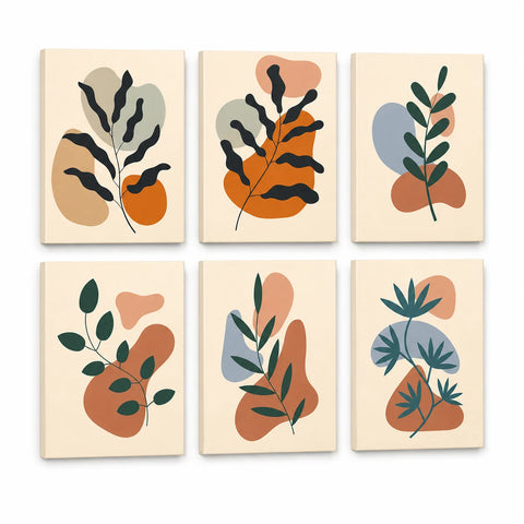 Modern Abstract Leaves Mini Paint by Numbers Set For Adults featuring six botanical designs with green foliage, terracotta, beige, peach and muted blue organic shapes