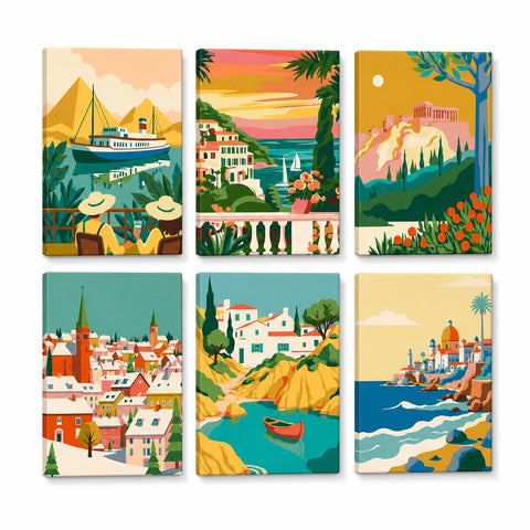 European Coastal Towns Mini Paint by Numbers Set For Beginners featuring six colorful scenes with mountain lake, harbor boats, historic towns and Mediterranean seaside villages