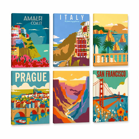 Amalfi Coast Prague and Golden Gate Bridge Mini Paint by Numbers Set For Beginners featuring six colorful travel scenes with Italy, sailboats, canyon and San Francisco