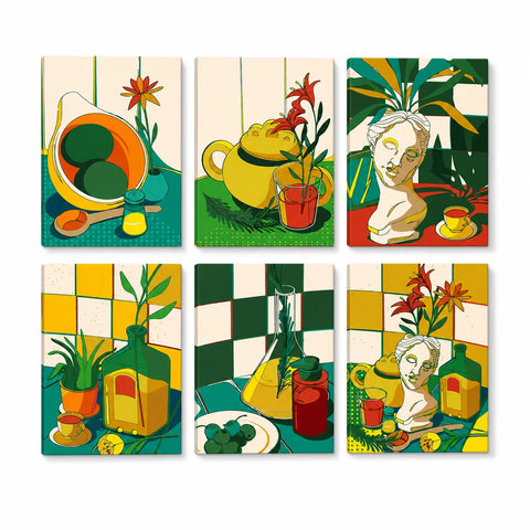 Retro Still Life Mini Paint by Numbers Set For Adults featuring six artistic designs with coffee cups, teapot, flowers, bottles, plants, fruit and classical sculpture busts