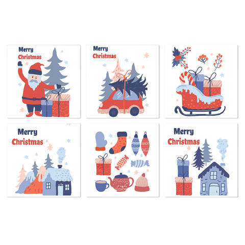 Portable Mini Paint by Numbers Set (6 in) For Kids with Santa Claus, Christmas car, gift sleigh, snowy village, ornaments and winter holiday designs