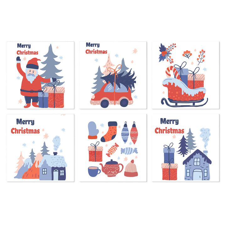 Portable Mini Paint by Numbers Set (6 in) For Kids with Santa Claus, Christmas car, gift sleigh, snowy village, ornaments and winter holiday designs