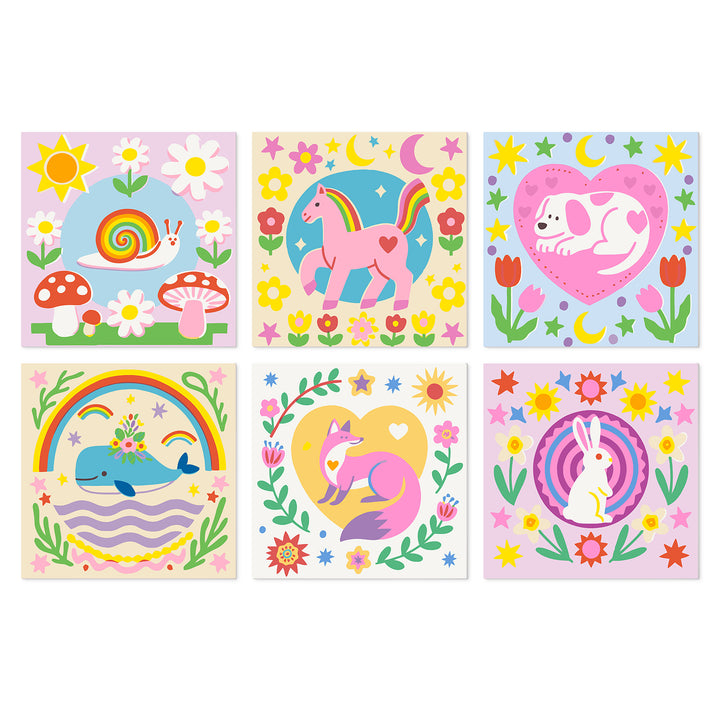 Portable Mini Paint by Numbers Set (6 in) For Kids with unicorn, fox, whale, rabbit, cat, snail, rainbow and fantasy animal designs