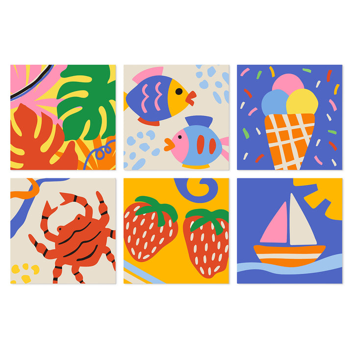 Portable Mini Paint by Numbers Set (6 in) For Kids with tropical leaves, colorful fish, ice cream cone, crab, strawberries and sailboat summer designs