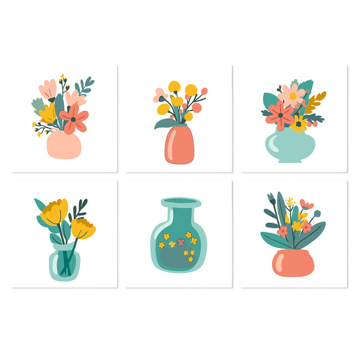 Portable Mini Paint by Numbers Set (6 in) For Kids with flower vase, colorful bouquet, botanical branches and floral arrangement designs