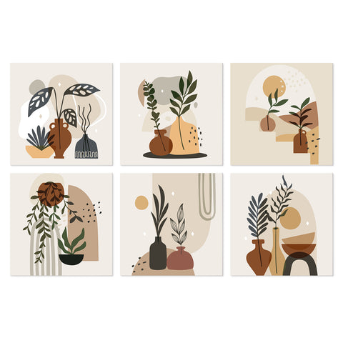 Portable Mini Paint by Numbers Set (6 in) For Kids with minimalist plants, botanical vases, abstract leaves, potted plants and modern interior designs
