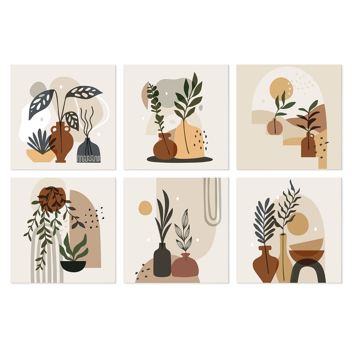 Portable Mini Paint by Numbers Set (6 in) For Kids with minimalist plants, botanical vases, abstract leaves, potted plants and modern interior designs