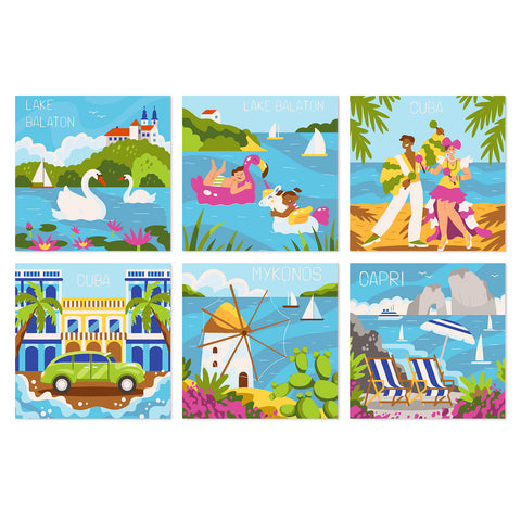 Portable Mini Paint by Numbers Set (6 in) For Kids with Lake Balaton, Cuba, Mykonos, Capri, swans, beaches and colorful travel landscape designs