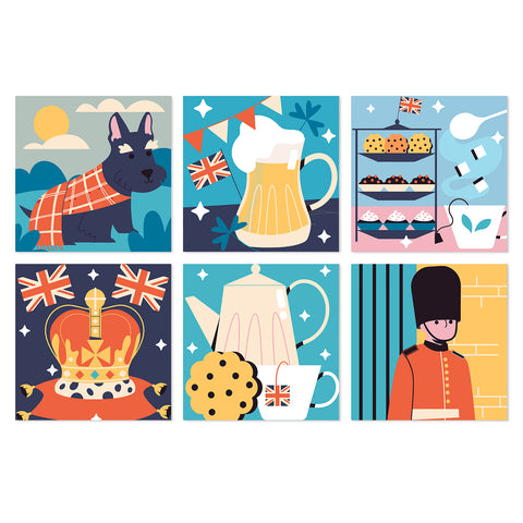 Portable Mini Paint by Numbers Set (6 in) For Kids with British dog, beer mug, tea party, royal crown, cookies, guard and London-inspired designs