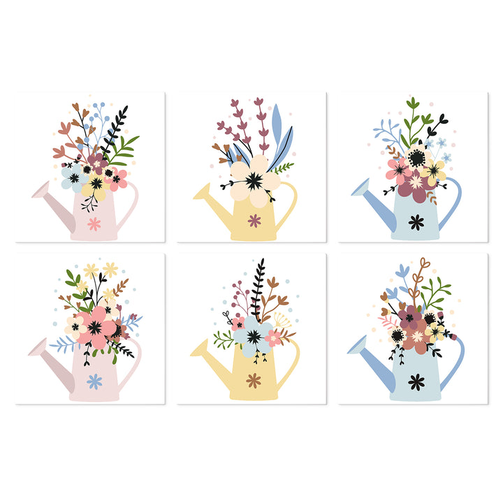Portable Mini Paint by Numbers Set (6 in) For Kids with flower watering can, colorful bouquet, botanical leaves and garden flower designs