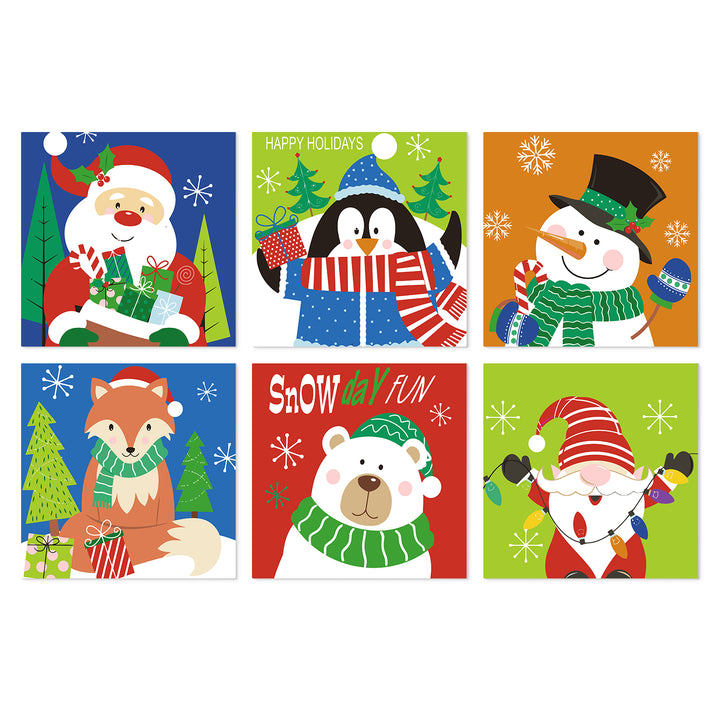 Portable Mini Paint by Numbers Set (6 in) For Kids with Santa Claus, penguin, snowman, fox, polar bear and Christmas animal holiday designs