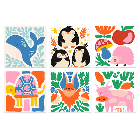 Portable Mini Paint by Numbers Set (6 in) For Kids with whale, penguins, hedgehog, turtle, bat, cow, flowers and cute animal designs