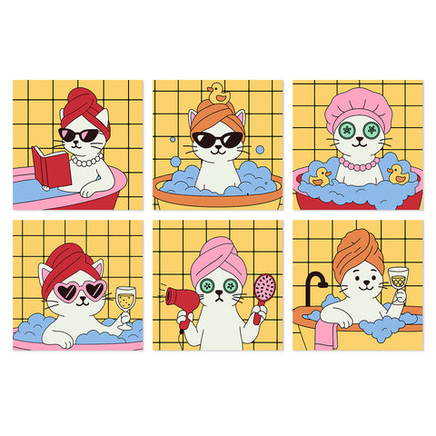 Portable Mini Paint by Numbers Set (6 in) For Kids with spa cat, bathtub kitten, reading cat, bubble bath, beauty mask and relaxing kitty designs