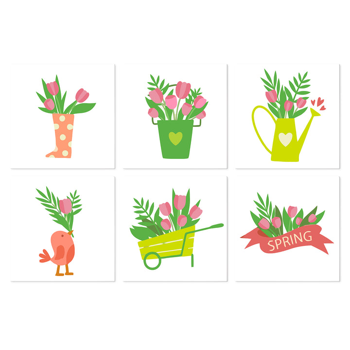 Portable Mini Paint by Numbers Set (6 in) For Kids with tulip flowers, watering can, flower pot, garden cart, spring banner and botanical designs
