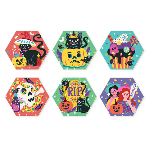 Portable Mini Paint by Numbers Set (6 in) For Kids with Halloween black cat, pumpkin, ghost, witch, skull and spooky party designs