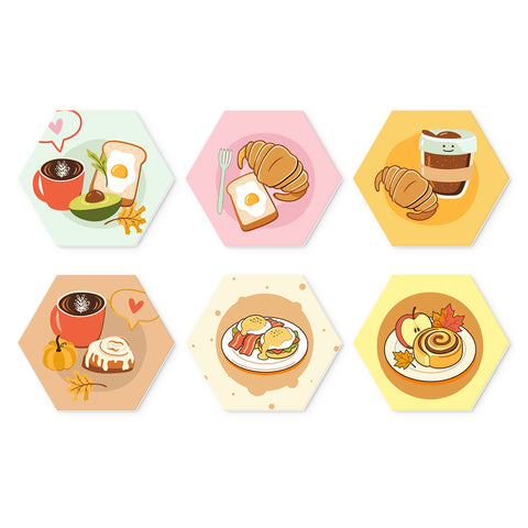 Portable Mini Paint by Numbers Set (6 in) For Kids with coffee cup, croissant, toast, breakfast plate, dessert and cafe food designs
