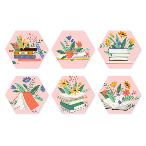 Portable Mini Paint by Numbers Set (6 in) For Kids with floral books, flower bouquets, notebooks, open books and botanical reading designs