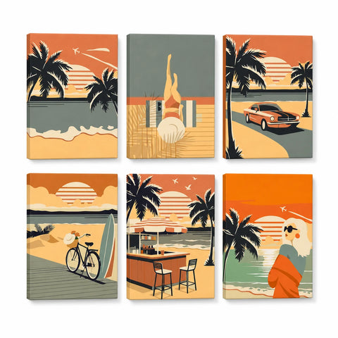 Retro Beach Sunset Mini Paint by Numbers Set For Beginners featuring six coastal scenes with palm trees, classic car, bicycle, surfboard, beach bar and ocean views