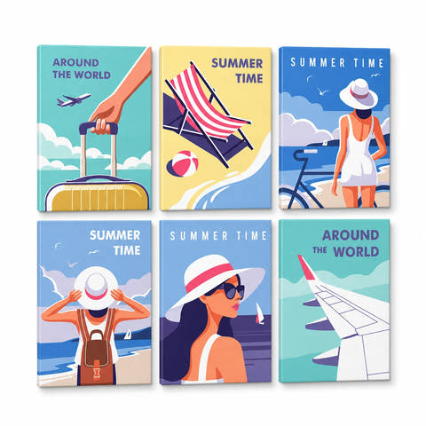 Summer Travel Mini Paint by Numbers Set For Beginners featuring six easy vacation designs with airplane, suitcase, beach chair, sun hats, bicycle and ocean views