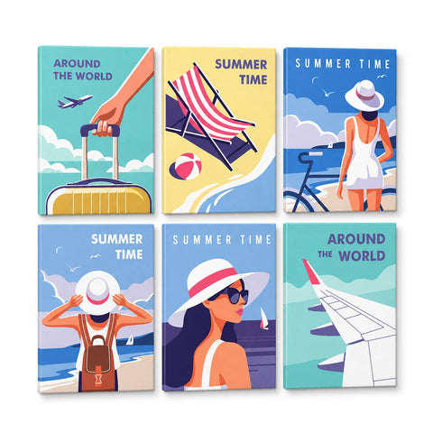 Summer Travel Mini Paint by Numbers Set For Beginners featuring six easy vacation designs with airplane, suitcase, beach chair, sun hats, bicycle and ocean views