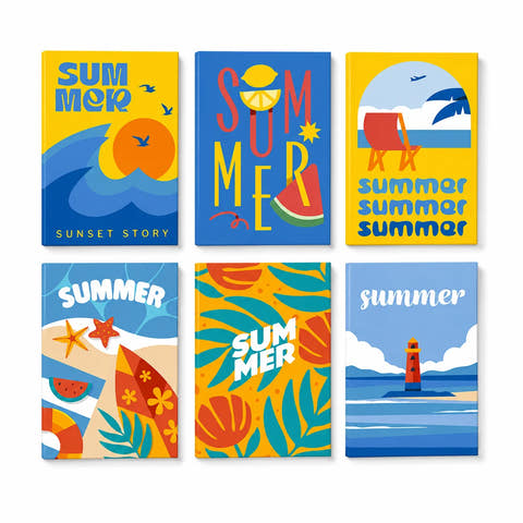 Colorful Summer Beach Mini Paint by Numbers Set For Beginners featuring six easy designs with sunset waves, beach chair, surfboard, tropical fruit, flowers and lighthouse