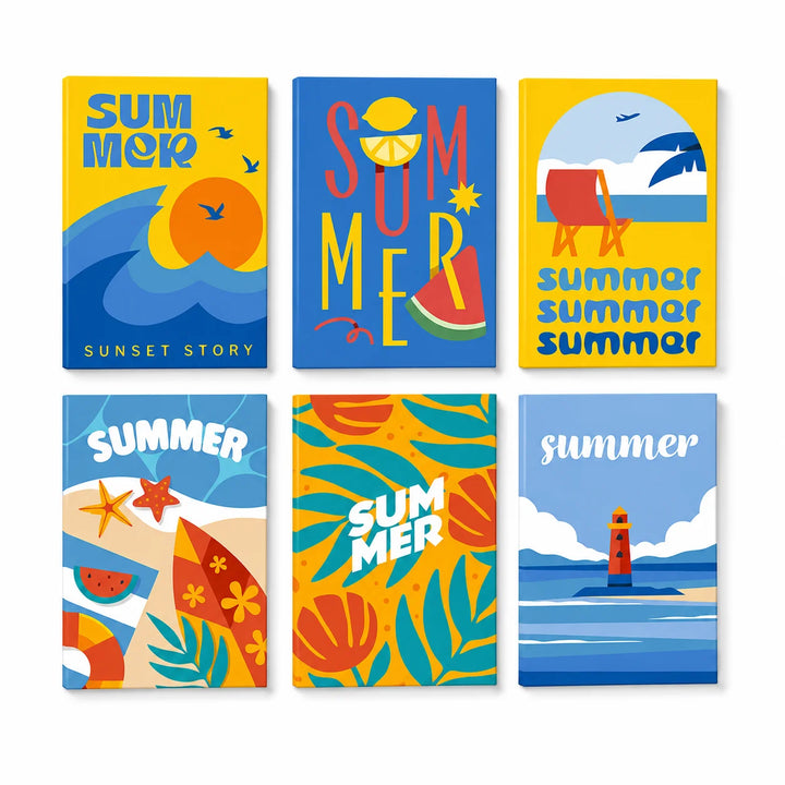 Colorful Summer Beach Mini Paint by Numbers Set For Beginners featuring six easy designs with sunset waves, beach chair, surfboard, tropical fruit, flowers and lighthouse