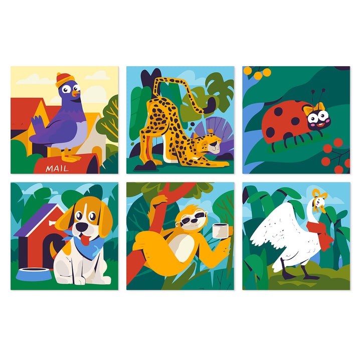 Portable Mini Paint by Numbers Set (6 in) For Kids with pigeon, leopard, ladybug, dog, sloth, tropical bird and jungle animal designs