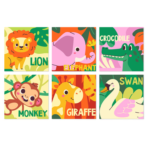 Portable Mini Paint by Numbers Set (6 in) For Kids with lion, elephant, crocodile, monkey, giraffe, swan and colorful jungle animal designs