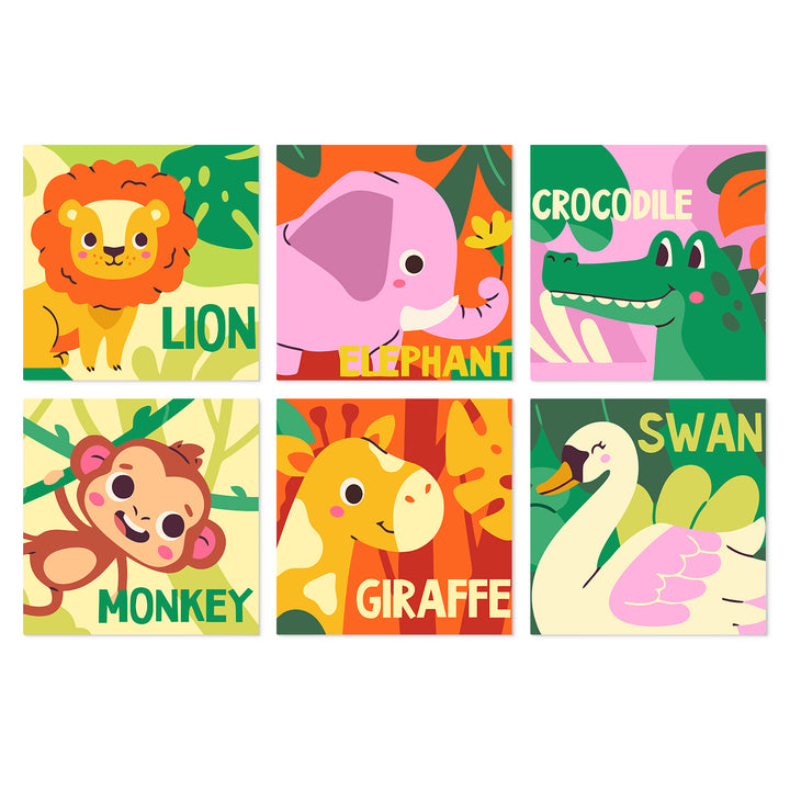 Portable Mini Paint by Numbers Set (6 in) For Kids with lion, elephant, crocodile, monkey, giraffe, swan and colorful jungle animal designs