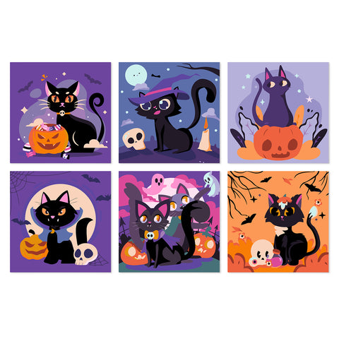 Portable Mini Paint by Numbers Set (6 in) For Kids with black cat, pumpkin, witch cat, ghost, bats and Halloween spooky designs