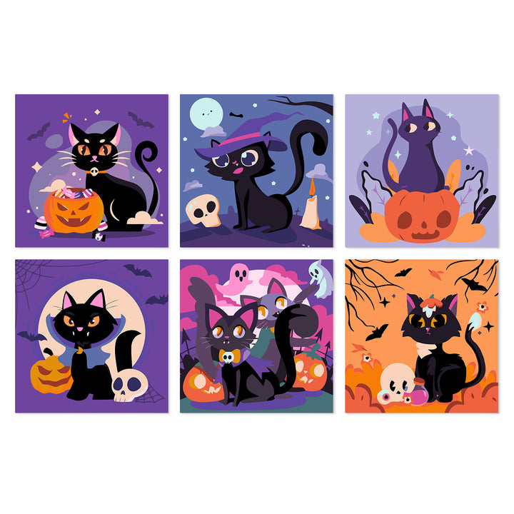 Portable Mini Paint by Numbers Set (6 in) For Kids with black cat, pumpkin, witch cat, ghost, bats and Halloween spooky designs