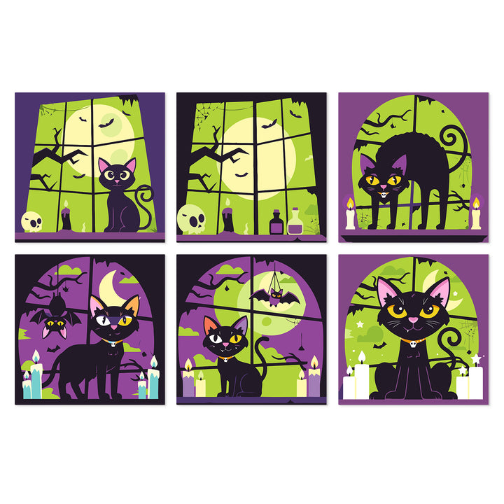 Portable Mini Paint by Numbers Set (6 in) For Kids with black cat, Halloween moon window, bats, candles, pumpkins and spooky night designs