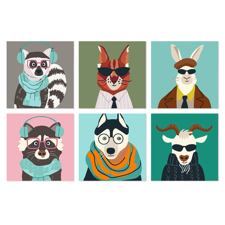 Portable Mini Paint by Numbers Set (6 in) For Kids with funny animal portraits, raccoon, fox, rabbit, dog, goat and stylish character designs